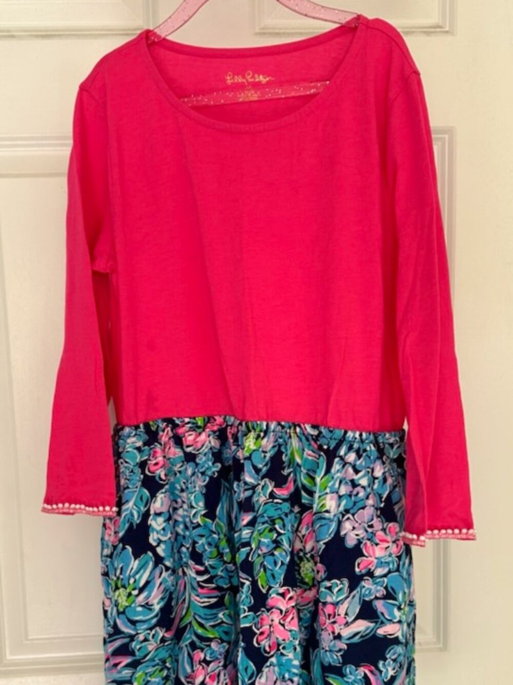 Lilly Pulitzer Girls XL (12-14) Pink Blue Pineapple Floral Long Sleeve Knit Dres